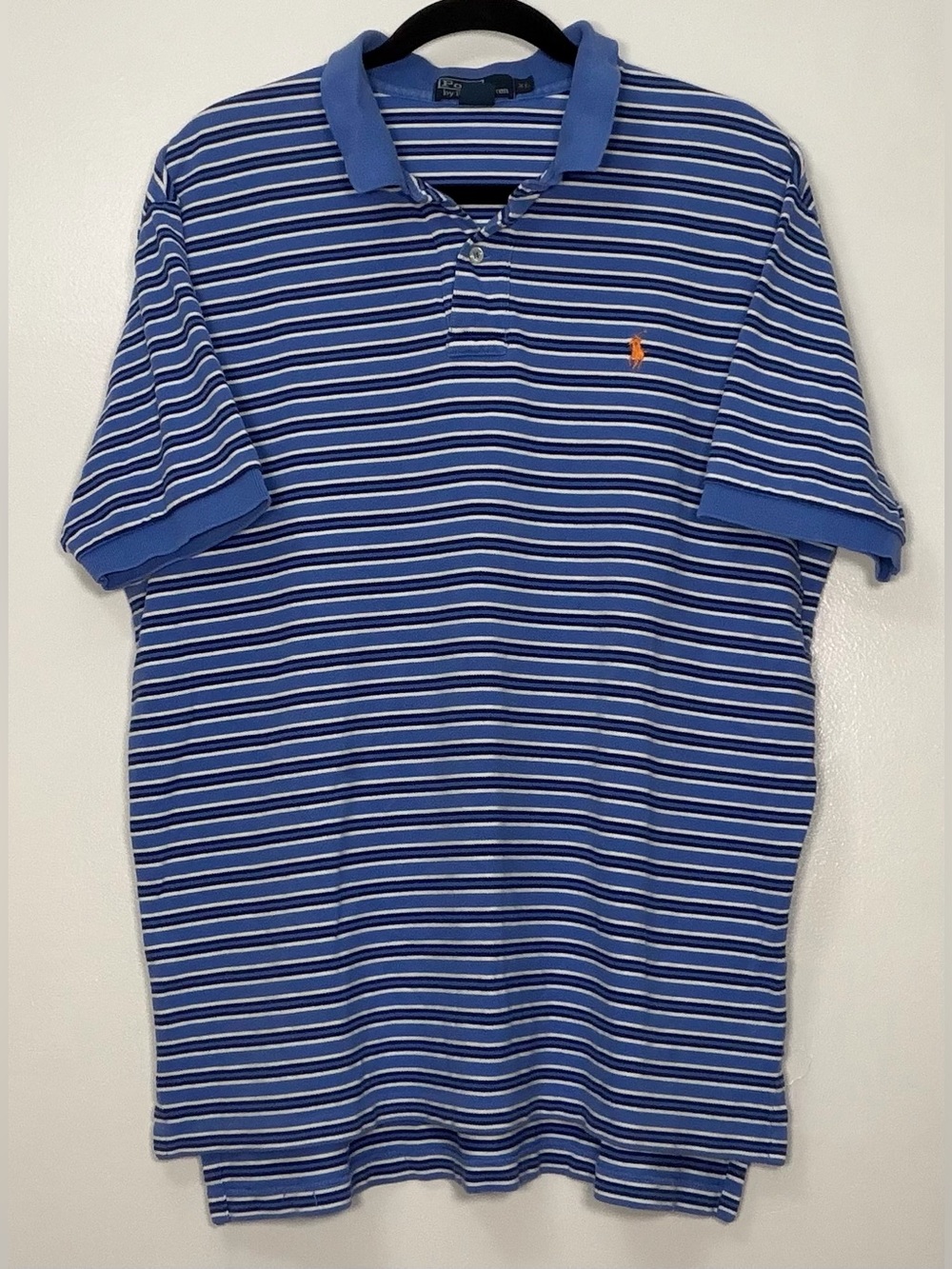 Vintage Ralph Lauren Blue & White Striped Polo with Orange Pony